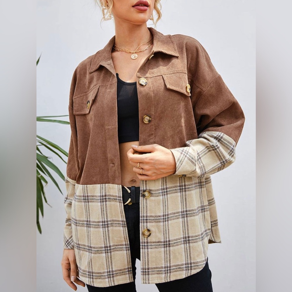 Ladies brown plaid flannel corduroy pattern flannel shirt jacket shacket